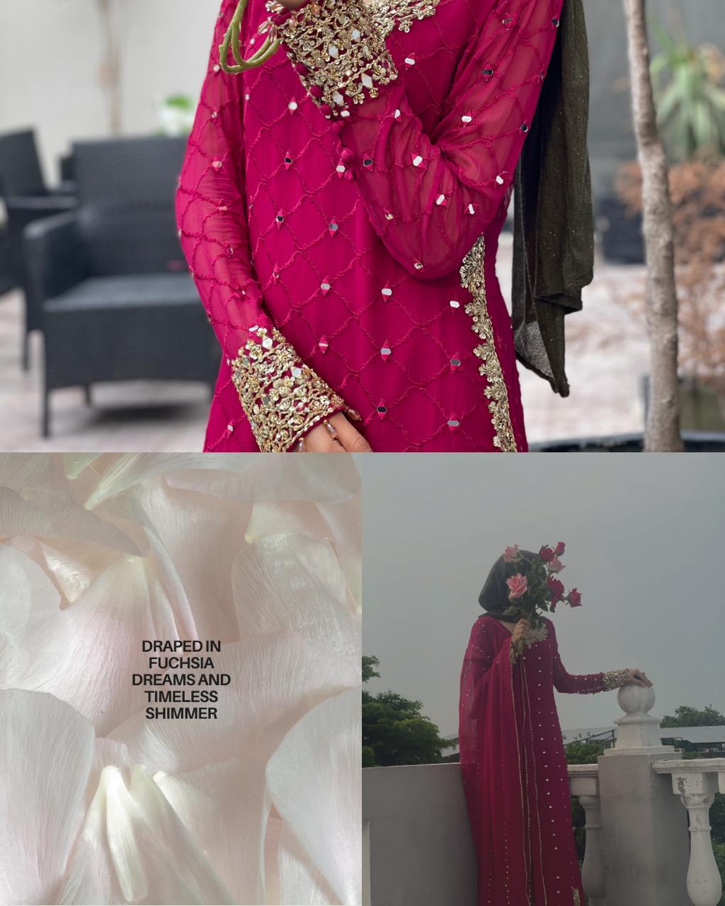 Fuchsia — 3 Piece Chiffon Sharara Set