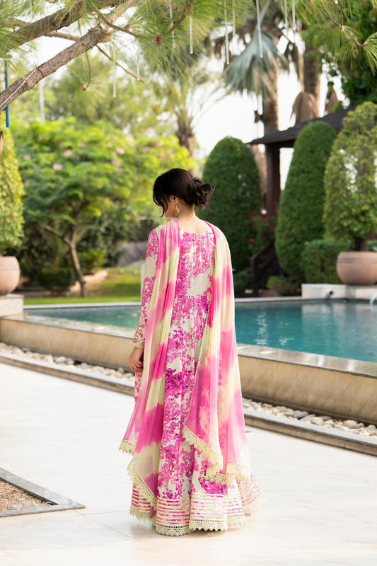 Gulnaar – 3 Piece Premium Lawn Floral Print Anarkali Suit with Tie-Dye Chiffon Dupatta