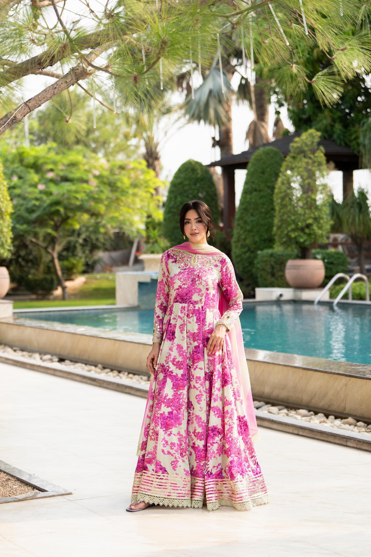 Gulnaar – 3 Piece Premium Lawn Floral Print Anarkali Suit with Tie-Dye Chiffon Dupatta
