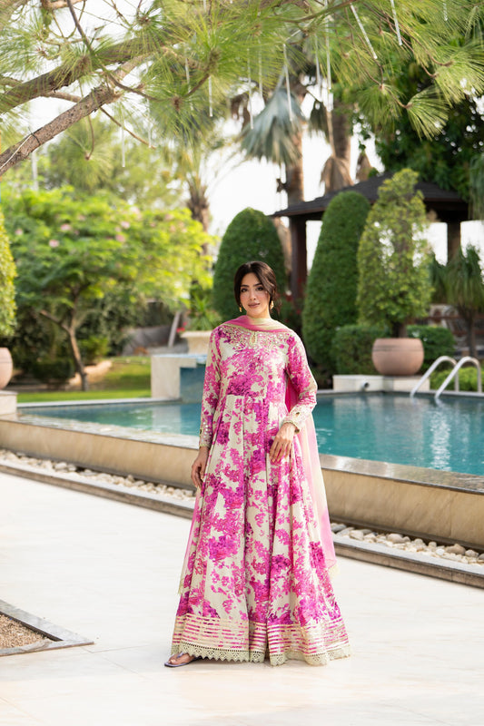 Gulnaar – 3 Piece Premium Lawn Floral Print Anarkali Suit with Tie-Dye Chiffon Dupatta
