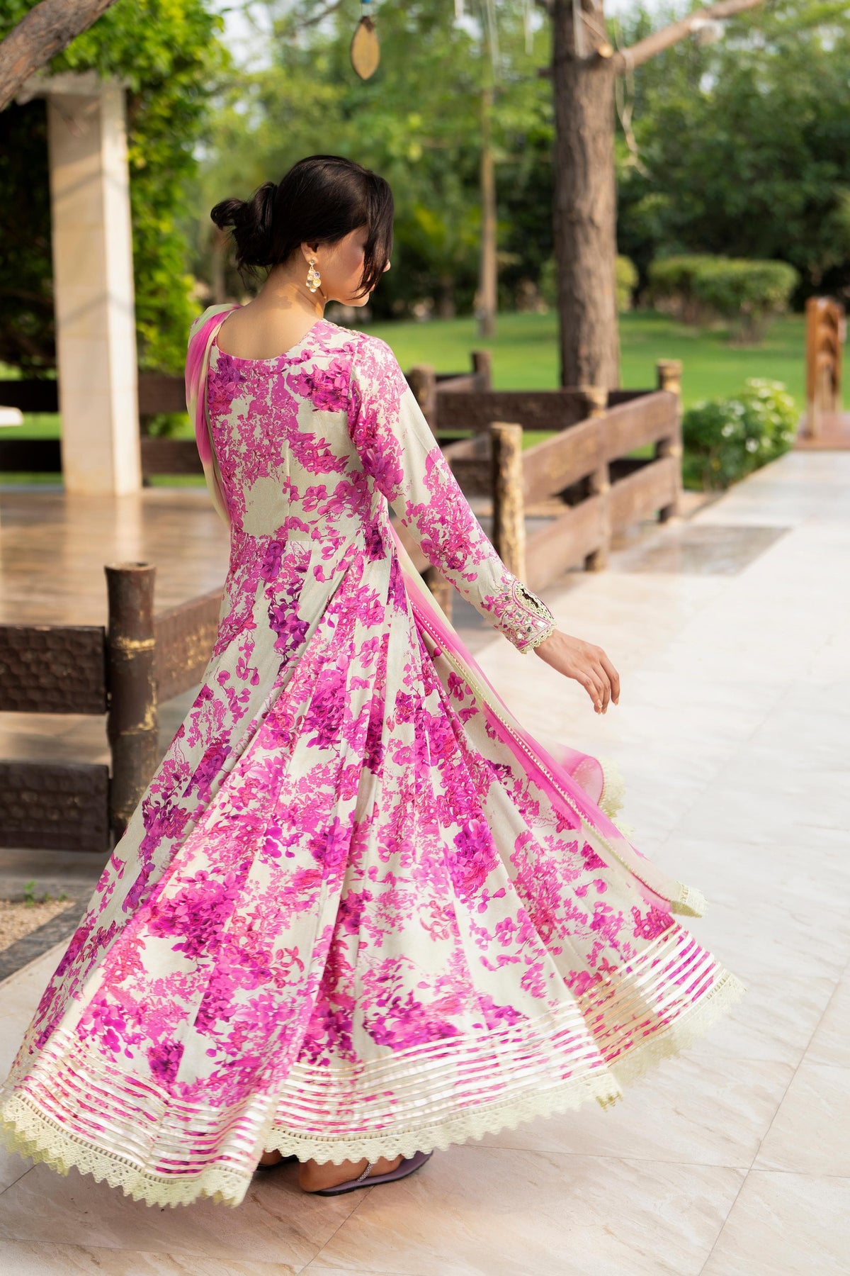 Gulnaar – 3 Piece Premium Lawn Floral Print Anarkali Suit with Tie-Dye Chiffon Dupatta