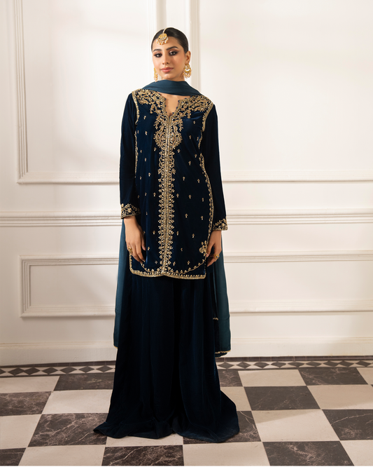 Kashaf 3-Piece Luxe Velvet jacket Dress