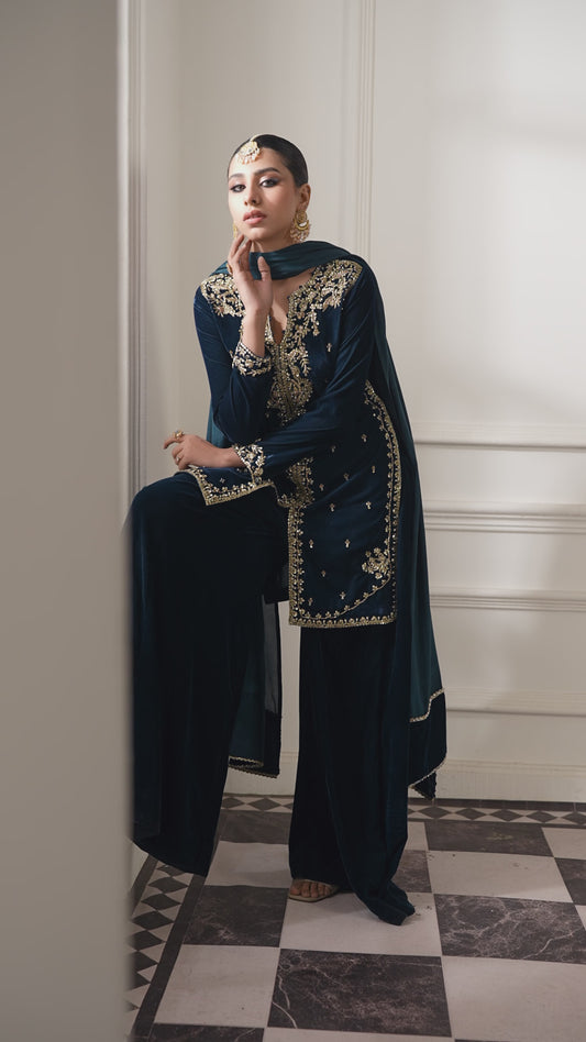 Kashaf 3-Piece Luxe Velvet jacket Dress