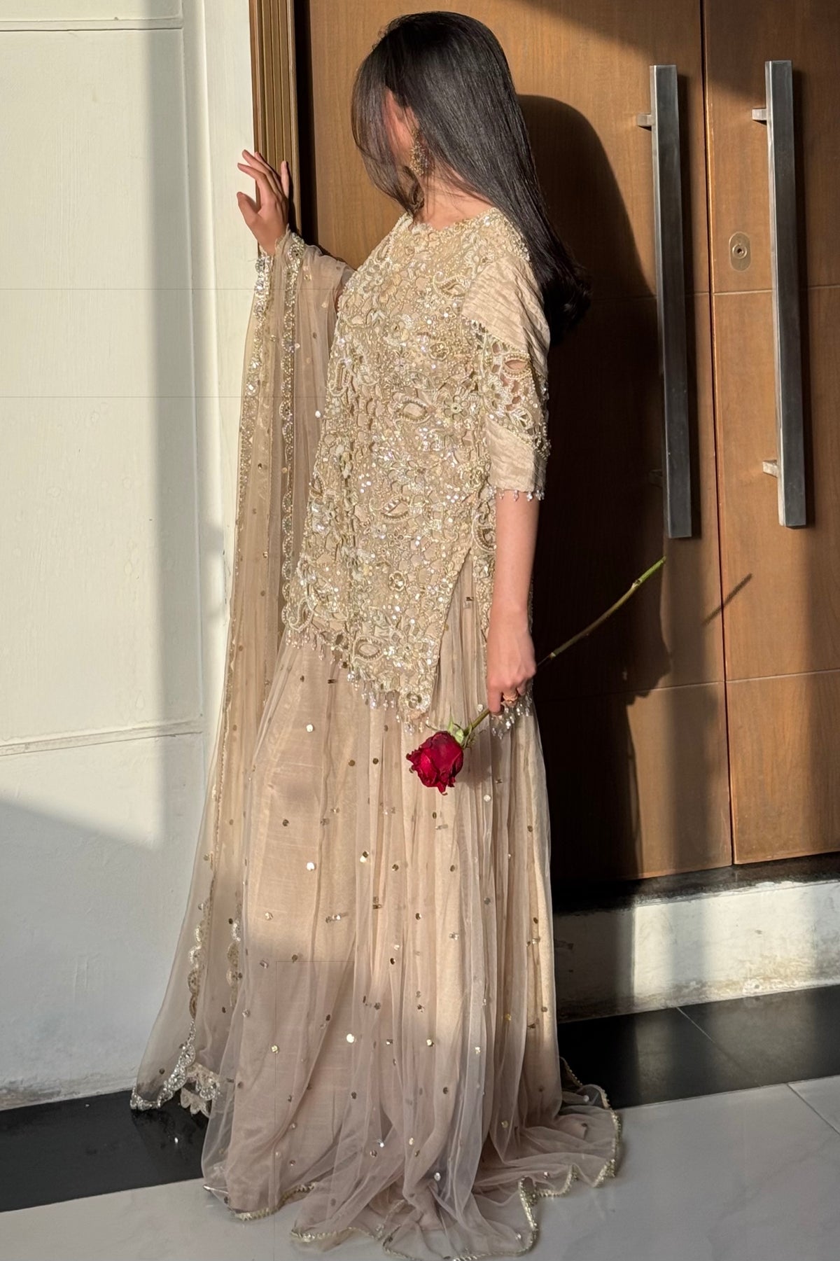 Mahtab – Champagne Embellished Net Palazzo Suit with Mukesh Dupatta | Pakistani Formal Wear