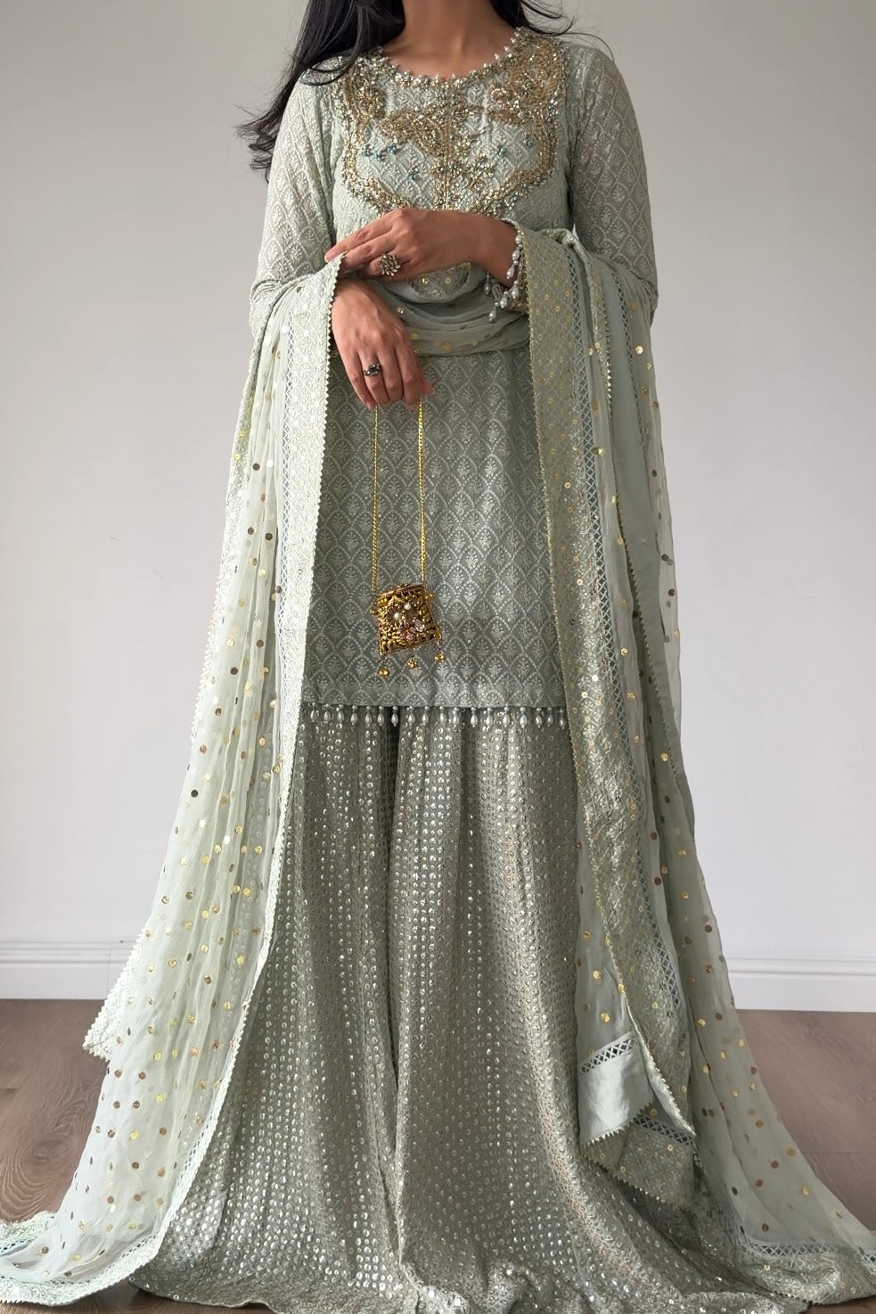 Zarafshan-Pistachio Green Chikankari Gharara Set | Pakistani Formal Wear