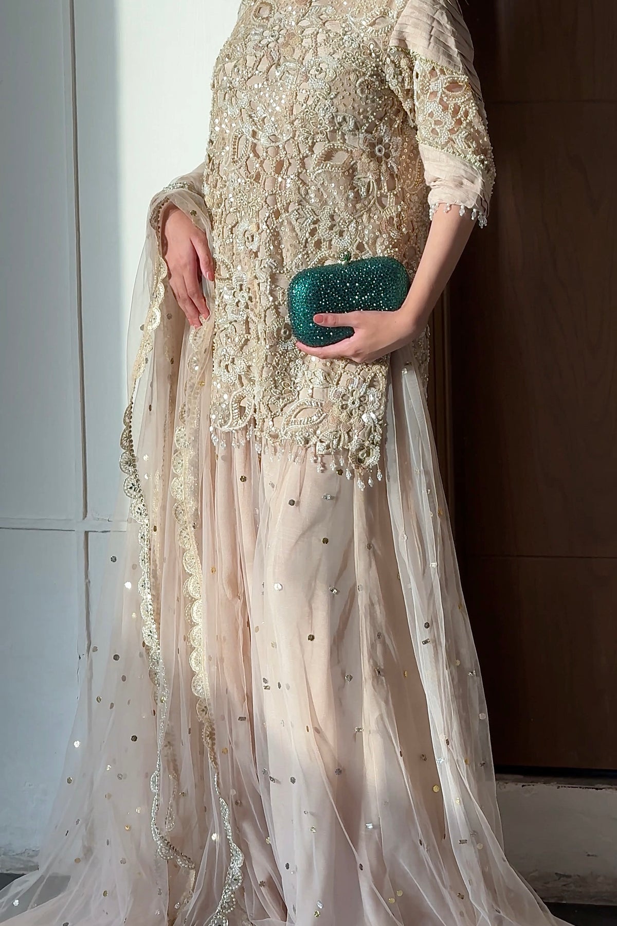 Mahtab – Champagne Embellished Net Palazzo Suit with Mukesh Dupatta | Pakistani Formal Wear