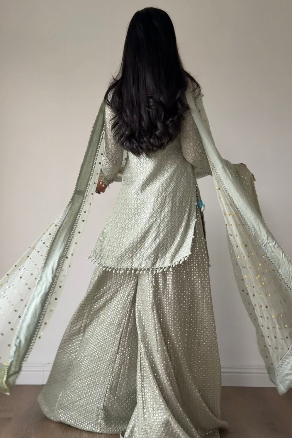 Zarafshan-Pistachio Green Chikankari Gharara Set | Pakistani Formal Wear