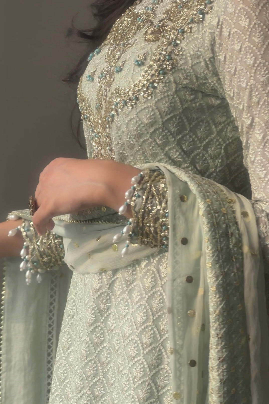 Zarafshan-Pistachio Green Chikankari Gharara Set | Pakistani Formal Wear