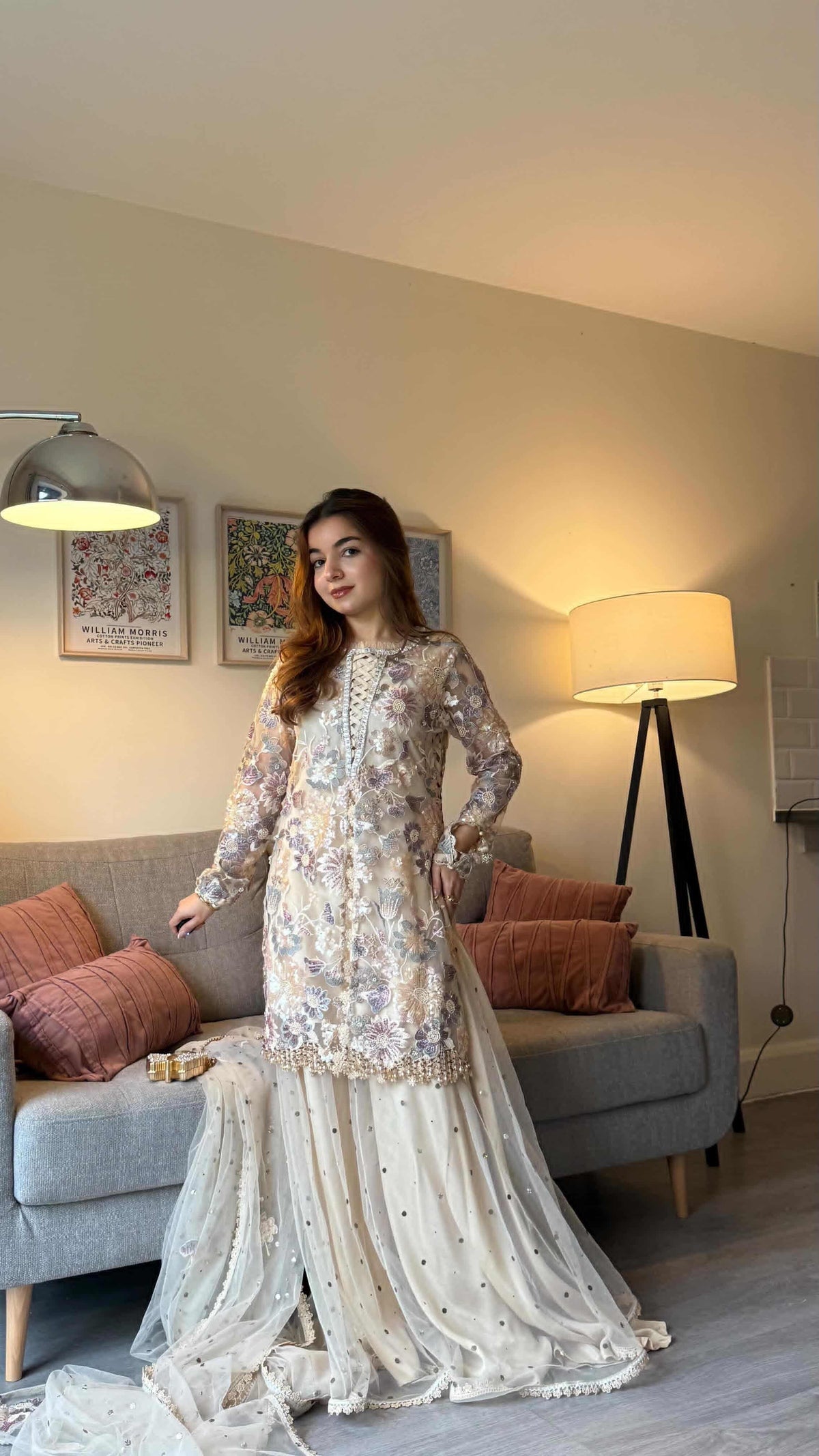 Pearly Bloom 3-Piece HandEmbellished Net shirt & Lehnga set