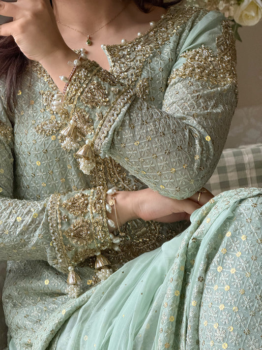 Mint Celeste – Sequin Chikankari Shirt with Chiffon Muqaish Dupatta & Raw Silk Trousers | 3-Piece Luxury Formal