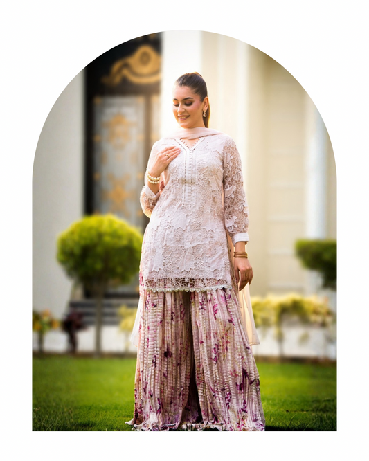 Dahlia -3 Piece Crochet shirt Printed crushed sharara set