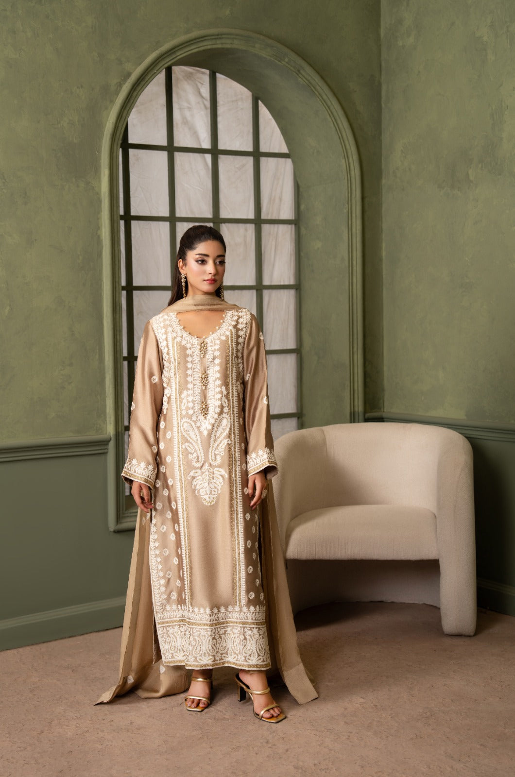 Dorée - Aari work 3-Piece stitched long shirt dress