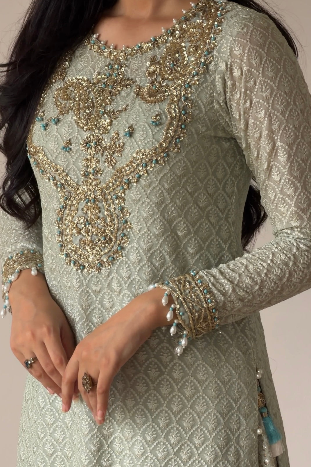 Zarafshan-Pistachio Green Chikankari Gharara Set | Pakistani Formal Wear