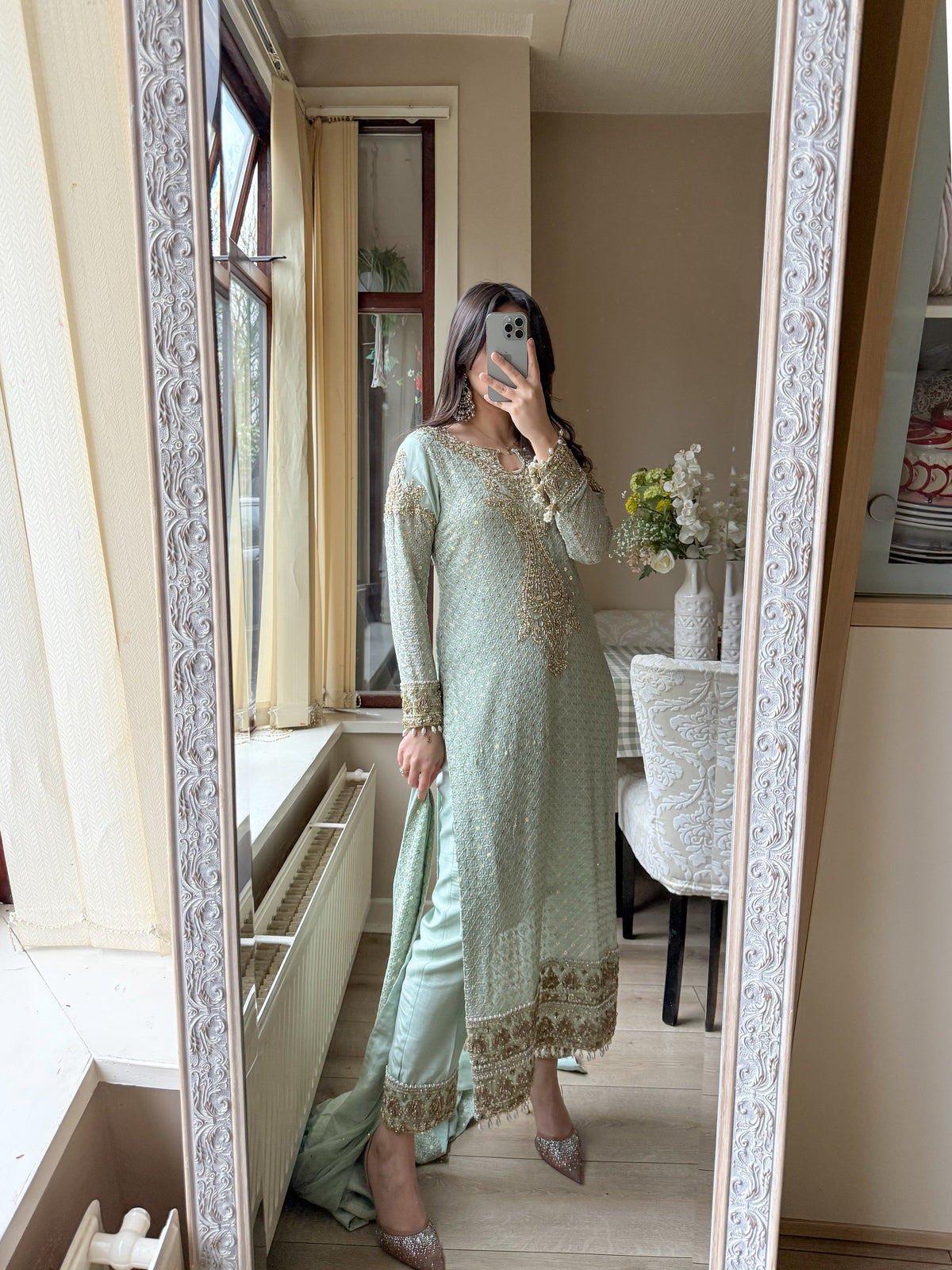 Mint Celeste – Sequin Chikankari Shirt with Chiffon Muqaish Dupatta & Raw Silk Trousers | 3-Piece Luxury Formal