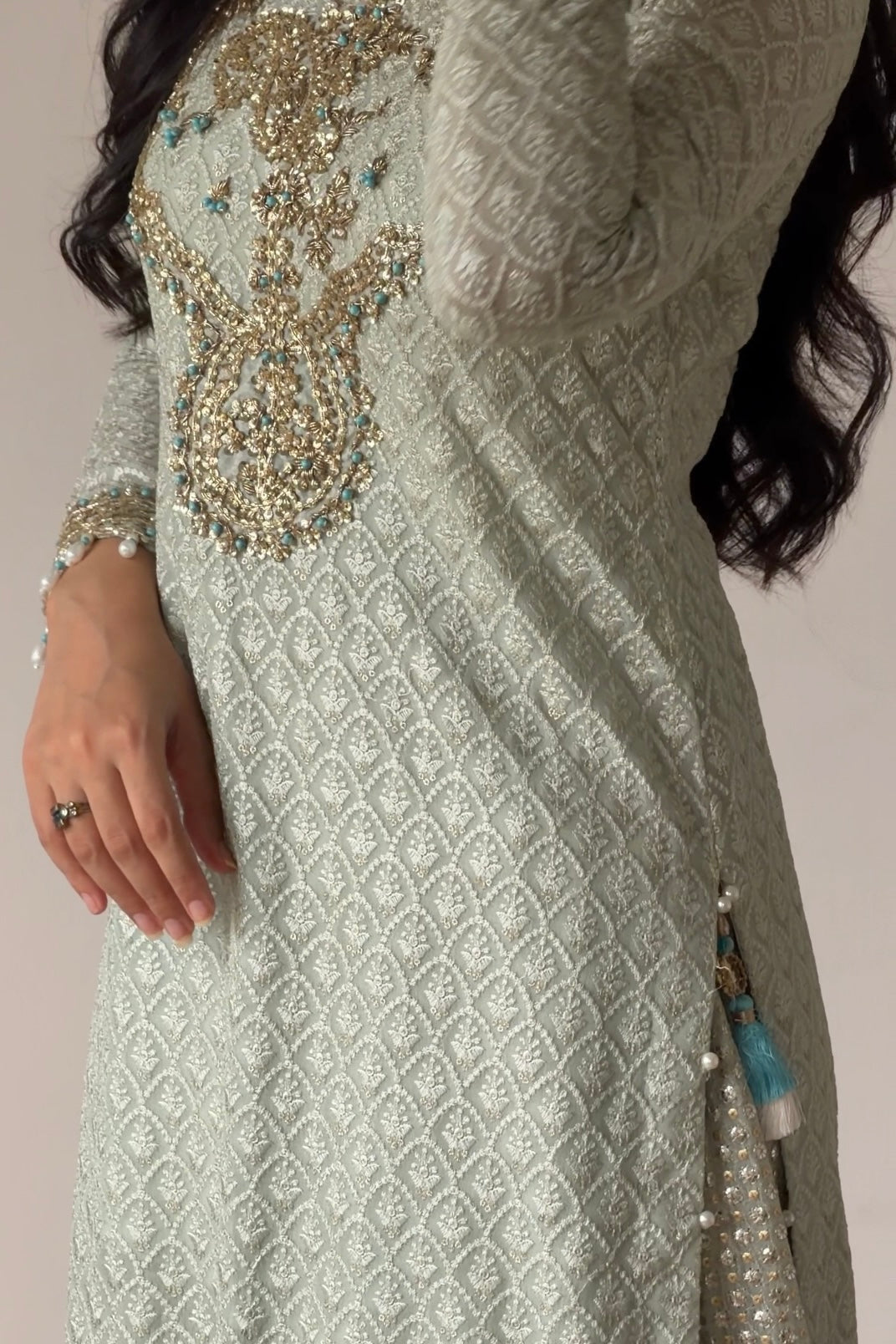 Zarafshan-Pistachio Green Chikankari Gharara Set | Pakistani Formal Wear