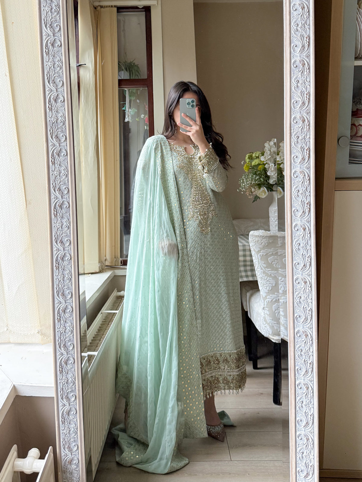 Mint Celeste – Sequin Chikankari Shirt with Chiffon Muqaish Dupatta & Raw Silk Trousers | 3-Piece Luxury Formal