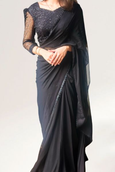Dark Allure — Jet Black Chiffon Saree with Blue Cut-Dana Embellished Blouse