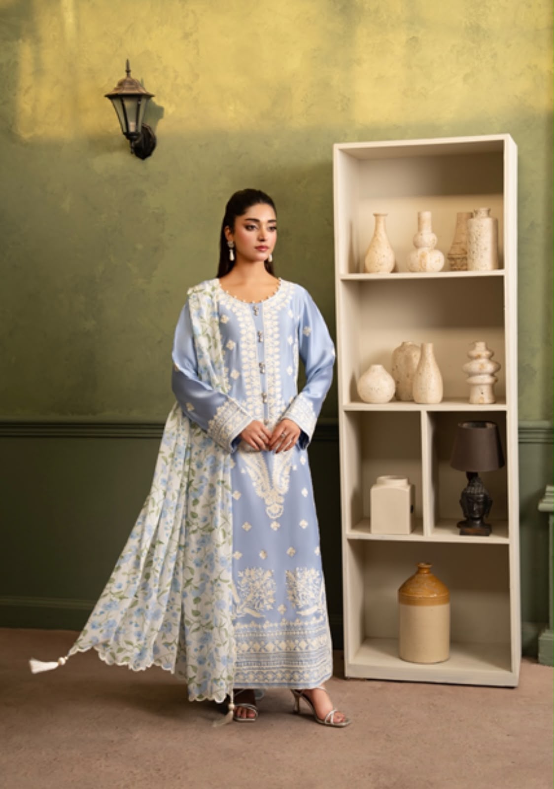 Serene Bloom 3 Piece Pure Tissue Silk Suit with Printed Floral Chiffon Dupatta-