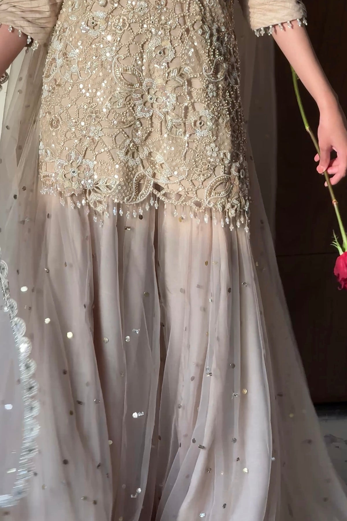 Mahtab – Champagne Embellished Net Palazzo Suit with Mukesh Dupatta | Pakistani Formal Wear
