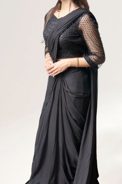 Dark Allure — Jet Black Chiffon Saree with Blue Cut-Dana Embellished Blouse