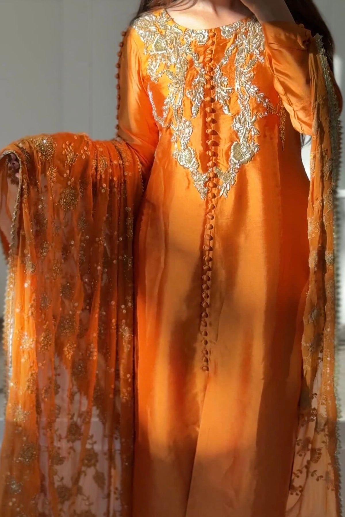 Marigold Muse — 3 Piece Luxury Pakistani Formal Dress | Tissue Silk & Embellished Chiffon