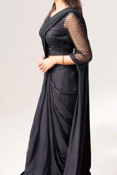 Dark Allure — Jet Black Chiffon Saree with Blue Cut-Dana Embellished Blouse