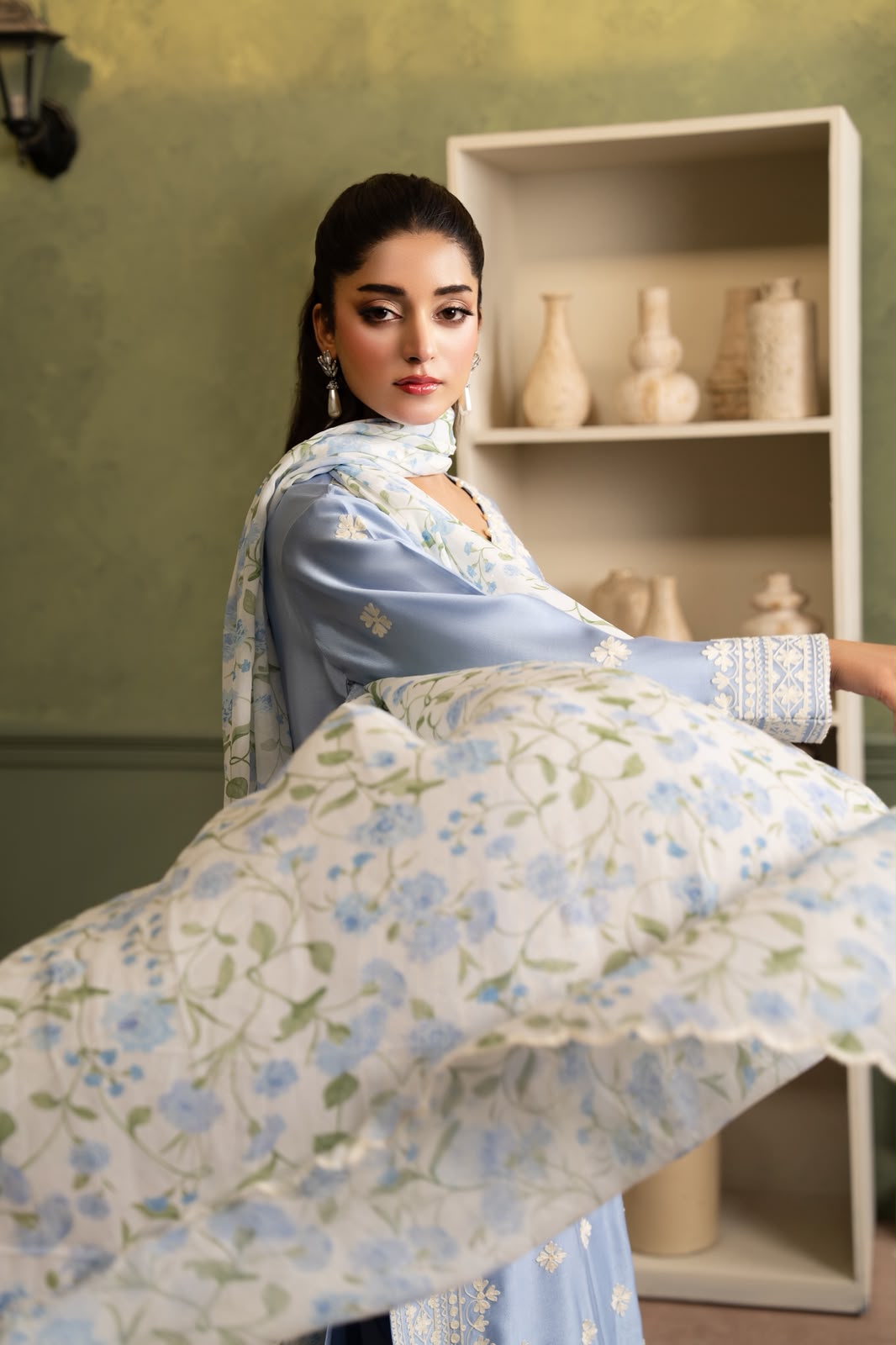 Serene Bloom 3 Piece Pure Tissue Silk Suit with Printed Floral Chiffon Dupatta-