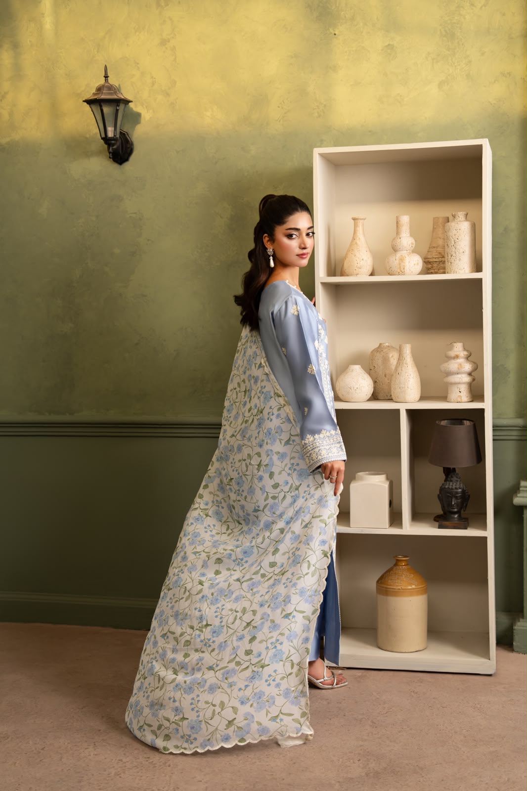 Serene Bloom 3 Piece Pure Tissue Silk Suit with Printed Floral Chiffon Dupatta-