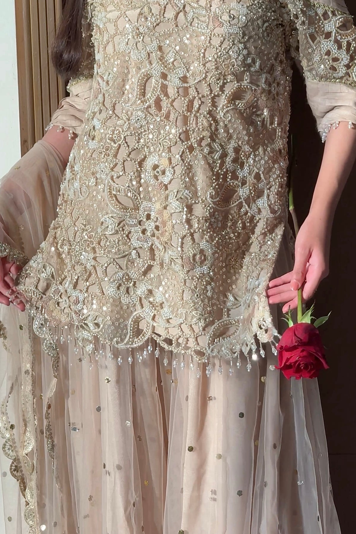 Mahtab – Champagne Embellished Net Palazzo Suit with Mukesh Dupatta | Pakistani Formal Wear