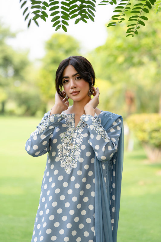 Polka Poise – 3 Piece Premium Lawn Polka Dot Suit with Embroidered Chiffon Dupatta