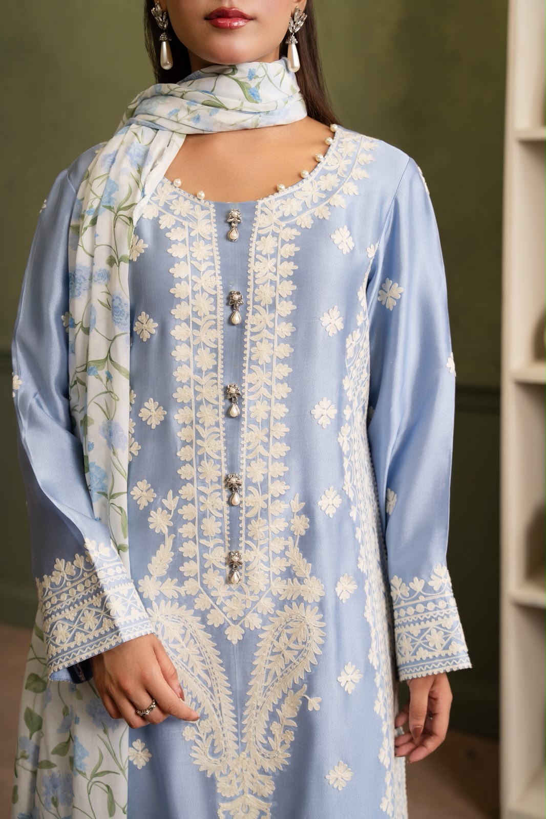 Serene Bloom 3 Piece Pure Tissue Silk Suit with Printed Floral Chiffon Dupatta-