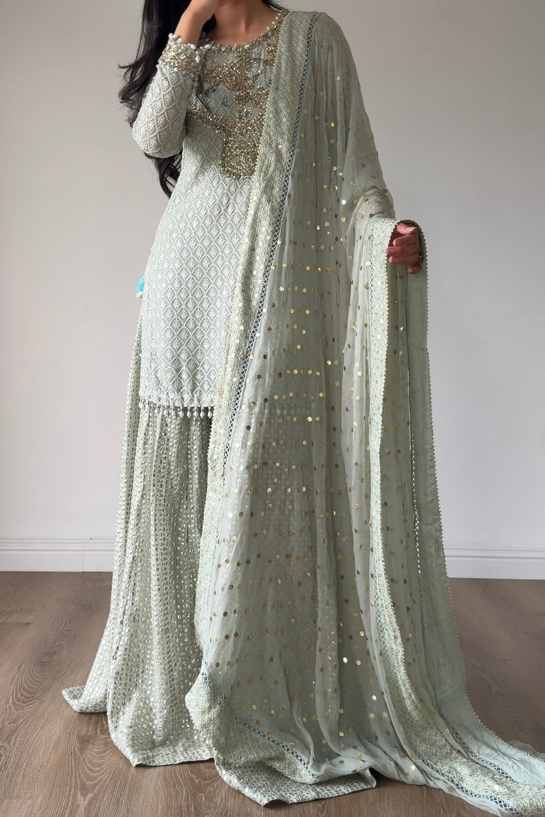 Zarafshan-Pistachio Green Chikankari Gharara Set | Pakistani Formal Wear