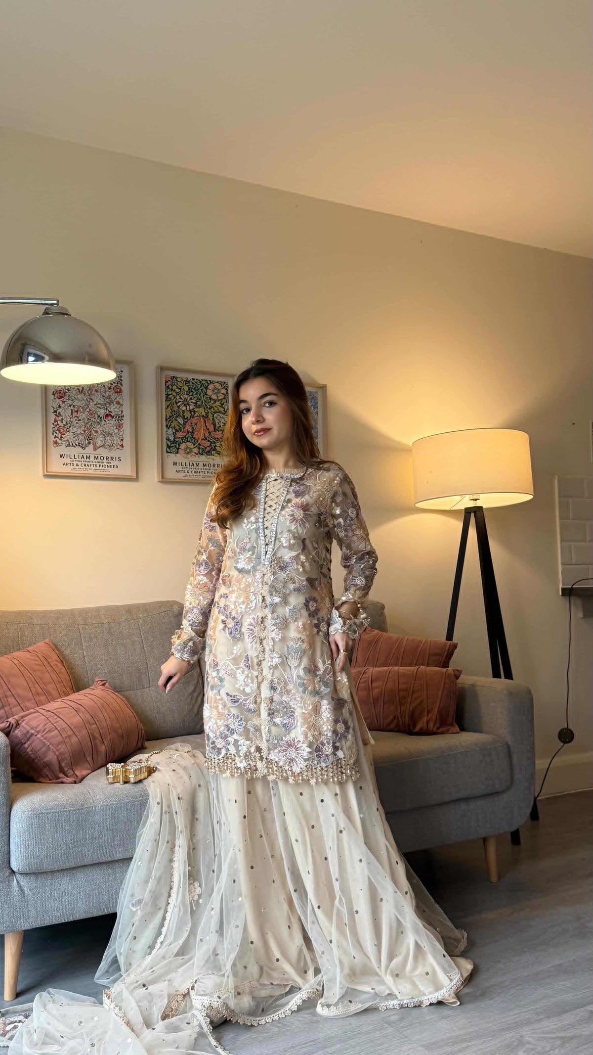 Pearly Bloom 3-Piece HandEmbellished Net shirt & Lehnga set