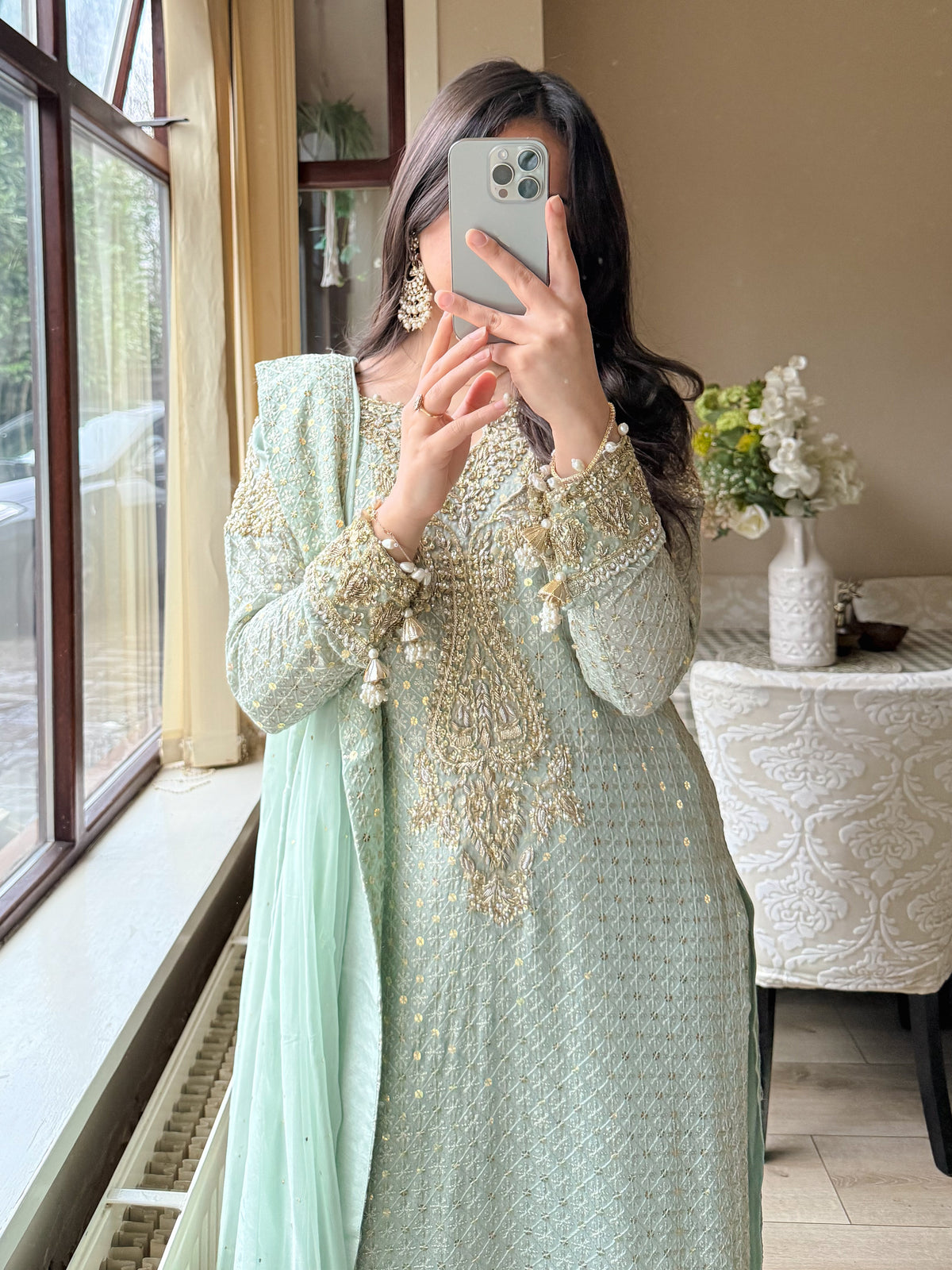 Mint Celeste – Sequin Chikankari Shirt with Chiffon Muqaish Dupatta & Raw Silk Trousers | 3-Piece Luxury Formal