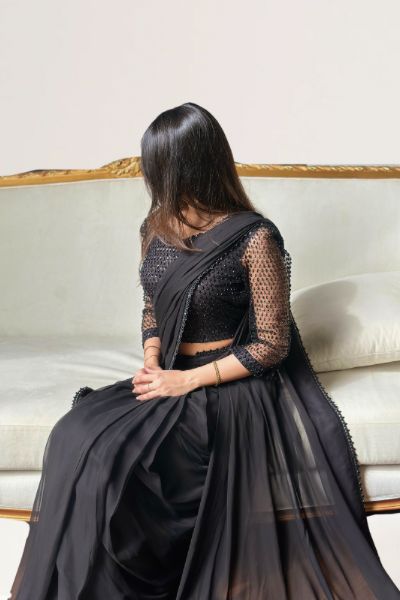 Dark Allure — Jet Black Chiffon Saree with Blue Cut-Dana Embellished Blouse