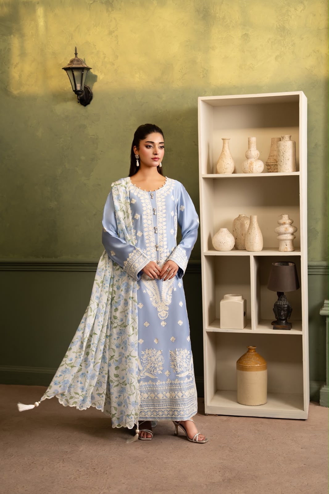 Serene Bloom 3 Piece Pure Tissue Silk Suit with Printed Floral Chiffon Dupatta-