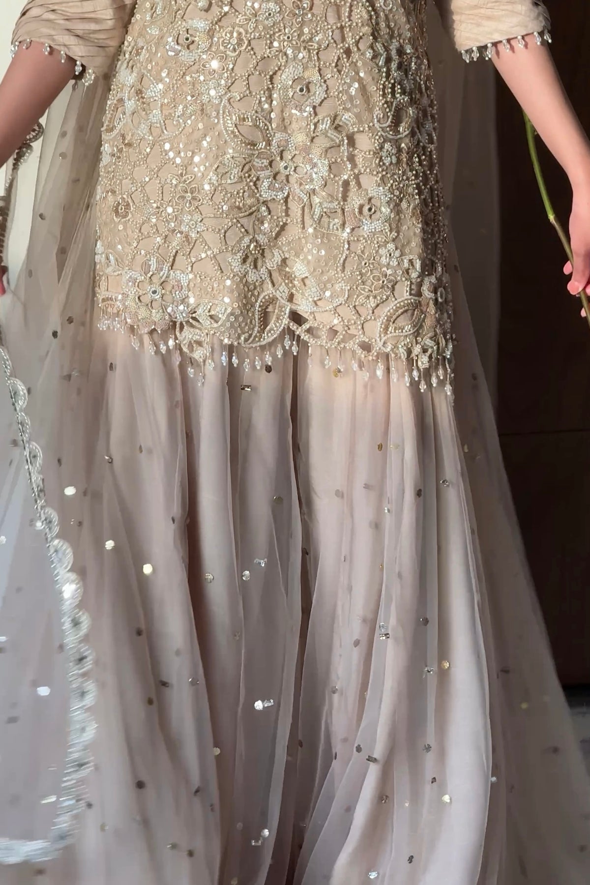 Mahtab – Champagne Embellished Net Palazzo Suit with Mukesh Dupatta | Pakistani Formal Wear