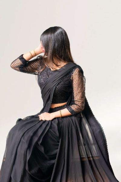 Dark Allure — Jet Black Chiffon Saree with Blue Cut-Dana Embellished Blouse